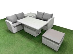 Rackhams 5 Seater Outdoor Love Sofa Set Rattan Garden Furniture Set with Adjustable Lifting Dining or Coffee Table Big Footstool Side Table Light Grey - thumbnail 2