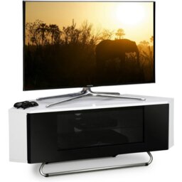 "Rackhams Hampshire Corner-Friendly Gloss White with Black Contrast Beam-Thru Remote Friendly Door 26""-50"" Flat Screen TV Cabinet"