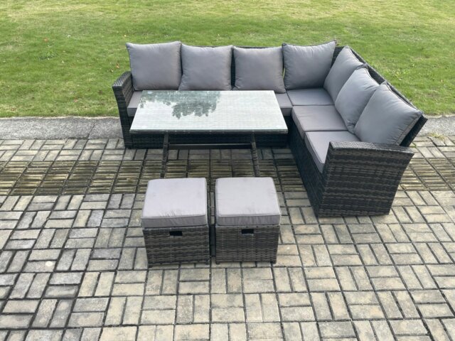Rackhams Outdoor Furniture Garden Dining Set Rattan Corner Sofa Set Rectangular Dining Table with Temper Glass 2 Small Footstools Dark Grey Mixed - image 1