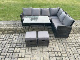Rackhams Outdoor Furniture Garden Dining Set Rattan Corner Sofa Set Rectangular Dining Table with Temper Glass 2 Small Footstools Dark Grey Mixed - thumbnail 1