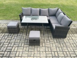 Rackhams Outdoor Furniture Garden Dining Set Rattan Corner Sofa Set Rectangular Dining Table with Temper Glass 2 Small Footstools Dark Grey Mixed - thumbnail 2