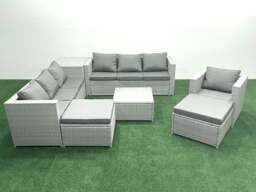 Rackhams Wicker PE Rattan Sofa Garden Furniture Set with Armchair Square Coffee Table 2 Big Footstools Side Table Light Grey Mixed - thumbnail 1