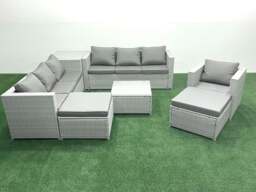 Rackhams Wicker PE Rattan Sofa Garden Furniture Set with Armchair Square Coffee Table 2 Big Footstools Side Table Light Grey Mixed - thumbnail 2