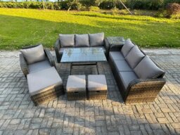 Rackhams Wicker 8 Pieces Rattan Garden Furniture Sofa Set with Rectangular Dining Table Armchair 3 Footstools Side Table Dark Grey Mixed - thumbnail 2