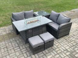 Rackhams Rattan Garden Furniture Set with Gas Fire Pit Table 6 Pieces Outdoor Loveseat Sofa Set Dark Grey Mixed - thumbnail 2
