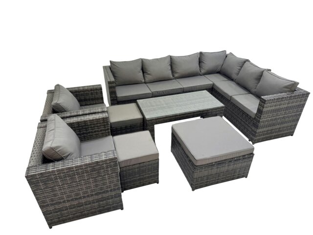 Rackhams Outdoor Rattan Oblong Coffee Table Corner Sofa Sets Garden Furniture Set with 2 Chairs 2 Small Stools Dark Grey Mixed - image 1