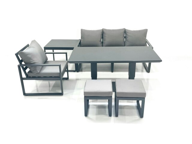 Rackhams 6 Seater Garden Sofa Set Aluminium Furniture Rising Dining Tabe Set with Chair Side Table 2 Small Footstools Dark Grey - image 1