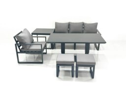 Rackhams 6 Seater Garden Sofa Set Aluminium Furniture Rising Dining Tabe Set with Chair Side Table 2 Small Footstools Dark Grey - thumbnail 2