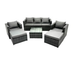 Rackhams Outdoor Rattan Garden Furniture Set 7 Seater Patio Lounge Sofa Set with Armchair Square Coffee Table 2 Big Footstool Dark Grey Mixed - thumbnail 1