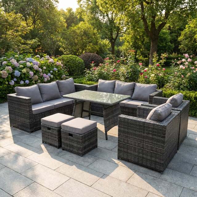 Rackhams Rattan Garden Outdoor Furniture Sofa Garden Dining Set with Patio Dining Table 2 Armchairs 2 Small Footstools 10 Seater Dark Grey Mixed - image 1