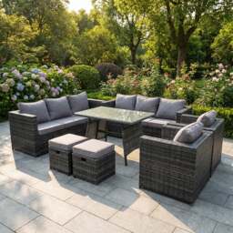 Rackhams Rattan Garden Outdoor Furniture Sofa Garden Dining Set with Patio Dining Table 2 Armchairs 2 Small Footstools 10 Seater Dark Grey Mixed - thumbnail 1