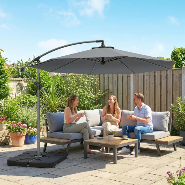 Rackhams 3(m) Banana Parasol Cantilever Umbrella Garden w/ Base Weights - Dark Grey - Modern - Cantilever Parasol - image 1