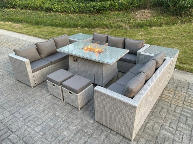 Rackhams Rattan Garden Furniture Set with Gas Fire Pit Heater Table, 3 Sofas, 2 Side Tables, 2 Footstools - 11 Seater - Light Grey - image 1