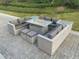 Rackhams Rattan Garden Furniture Set with Gas Fire Pit Heater Table, 3 Sofas, 2 Side Tables, 2 Footstools - 11 Seater - Light Grey - thumbnail 2
