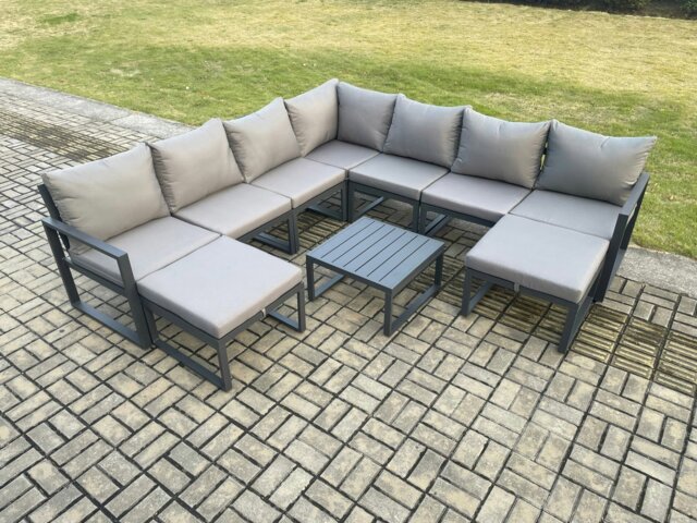 Rackhams Aluminium Outdoor Garden Furniture Set Lounge Corner Sofa Square Coffee Table Sets with 2 Big Footstools Dark Grey