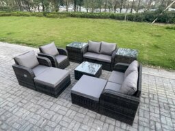 Rackhams Garden Furniture Set Rattan Outdoor Lounge Sofa Chair With Tempered Glass Table 2 Big Footstool 2 Side Tables Dark Grey Mixed - thumbnail 1