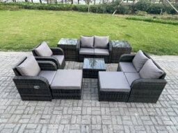 Rackhams Garden Furniture Set Rattan Outdoor Lounge Sofa Chair With Tempered Glass Table 2 Big Footstool 2 Side Tables Dark Grey Mixed - thumbnail 2