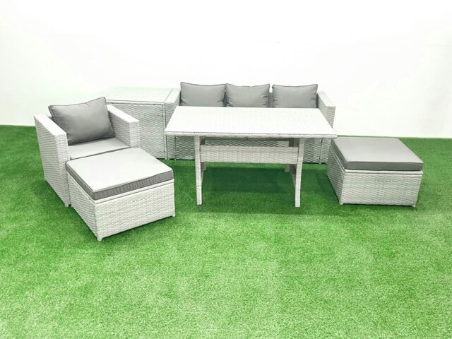 Rackhams Rattan Garden Furniture Set Outdoor 6 Seater Patio Dining Sets with Glass Top Dining Table and Side Table Light Grey Mixed - image 1