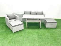 Rackhams Rattan Garden Furniture Set Outdoor 6 Seater Patio Dining Sets with Glass Top Dining Table and Side Table Light Grey Mixed - thumbnail 1