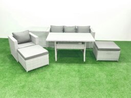 Rackhams Rattan Garden Furniture Set Outdoor 6 Seater Patio Dining Sets with Glass Top Dining Table and Side Table Light Grey Mixed - thumbnail 2