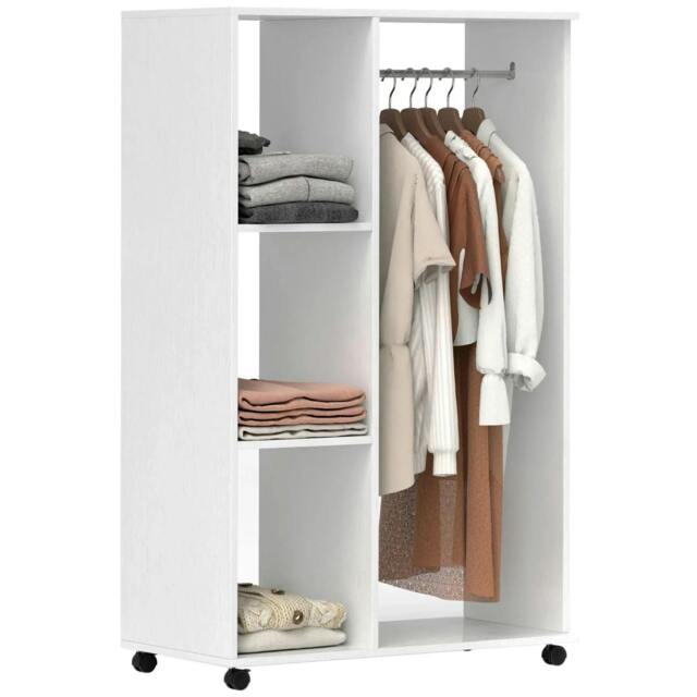 Rackhams Open Wardrobe on Wheels, Bedroom Wardrobe with Clothes Hanging Rail, 3 Storage Shelves, Mobile Garment Rack for Cloakroom, Hallway, White - image 1