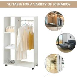 Rackhams Open Wardrobe on Wheels, Bedroom Wardrobe with Clothes Hanging Rail, 3 Storage Shelves, Mobile Garment Rack for Cloakroom, Hallway, White - thumbnail 6