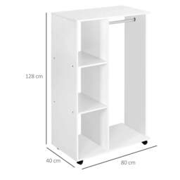 Rackhams Open Wardrobe on Wheels, Bedroom Wardrobe with Clothes Hanging Rail, 3 Storage Shelves, Mobile Garment Rack for Cloakroom, Hallway, White - thumbnail 3
