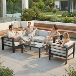 Rackhams Garden Corner Sofa Set, Garden Furniture Set with Coffee Table - Aluminium, polyester, tempered glass - 5-piece modular - Sofa: 130x70x62.5 cm, Chair: 81x70x62.5 cm, Table: 96x60x41 cm