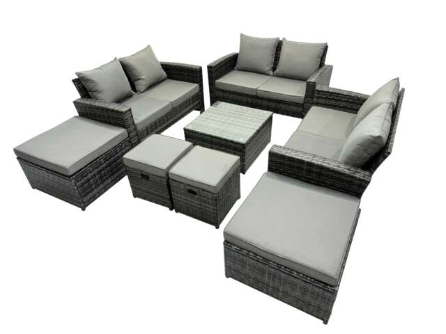 Rackhams PE Rattan Garden Furniture Set Lounge Double Seat Sofa Coffee Table Set with 4 Stools Dark Grey Mixed - image 1