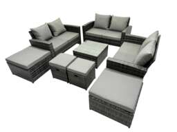 Rackhams PE Rattan Garden Furniture Set Lounge Double Seat Sofa Coffee Table Set with 4 Stools Dark Grey Mixed - thumbnail 1