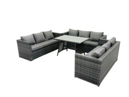 Rackhams Outdoor Rattan Garden Furniture Lounge Sofa Set With Oblong Dining Table With Clear Tempered Glass - thumbnail 1