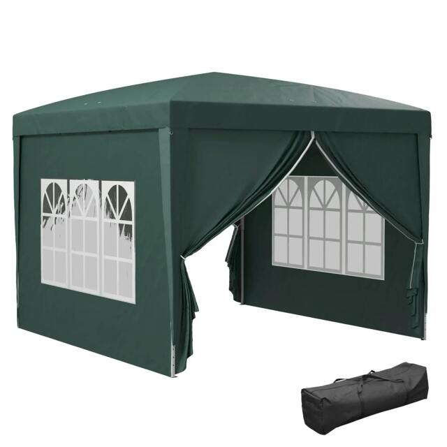 Rackhams 3 x 3m Pop Up Gazebo, Wedding Party Canopy Tent Marquee with Carry Bag and Windows, Green - image 1