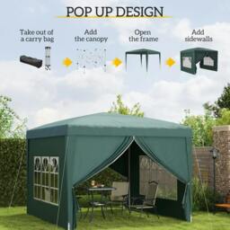 Rackhams 3 x 3m Pop Up Gazebo, Wedding Party Canopy Tent Marquee with Carry Bag and Windows, Green - thumbnail 4