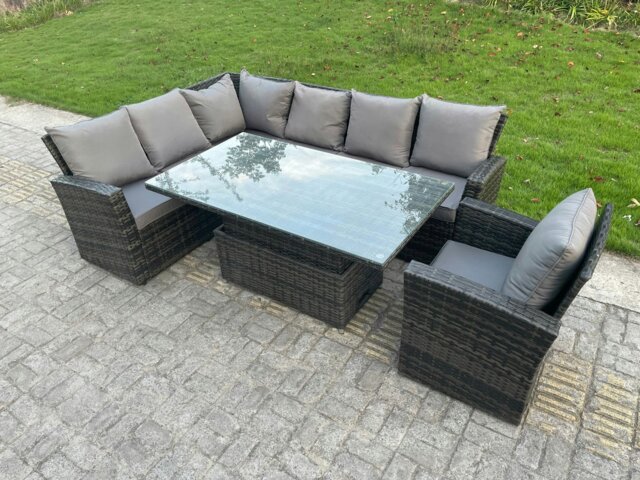 Rackhams High Back PE Rattan Corner Sofa Set Garden Furniture Adjustable Rising Lifting Table Set With Chair - image 1