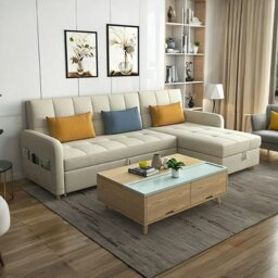 Rackhams ML203 Three Seater Sofa Bed, L Shape Sofa Bed With Storage, Linen - 215cm ( With Chaise Lounge ) - Light Grey