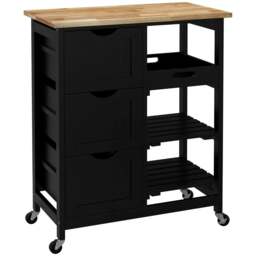 Rackhams Rolling Kitchen Island Cart, Bar Serving Cart, Compact Trolley on Wheels with Wood Top, Shelves & Drawers for Home Dining Area, Black - thumbnail 1
