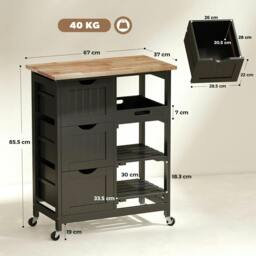 Rackhams Rolling Kitchen Island Cart, Bar Serving Cart, Compact Trolley on Wheels with Wood Top, Shelves & Drawers for Home Dining Area, Black - thumbnail 3