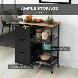 Rackhams Rolling Kitchen Island Cart, Bar Serving Cart, Compact Trolley on Wheels with Wood Top, Shelves & Drawers for Home Dining Area, Black - thumbnail 4