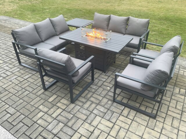 Rackhams Aluminium Garden Furniture Outdoor Set Patio Lounge Sofa Gas Fire Pit Dining Table Set with 3 Armchair Side Table Dark Grey - image 1