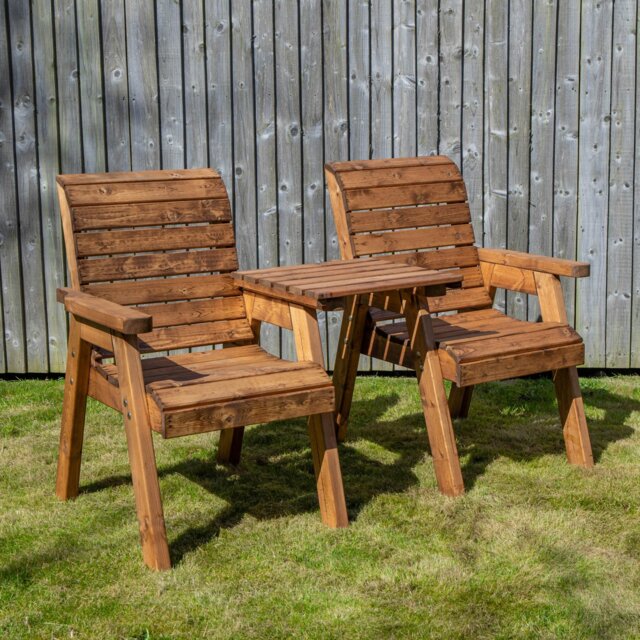 Rackhams Hand Made 2 Seater Chunky Rustic Wooden Garden Furniture Love Seat with Tray Assembled - image 1