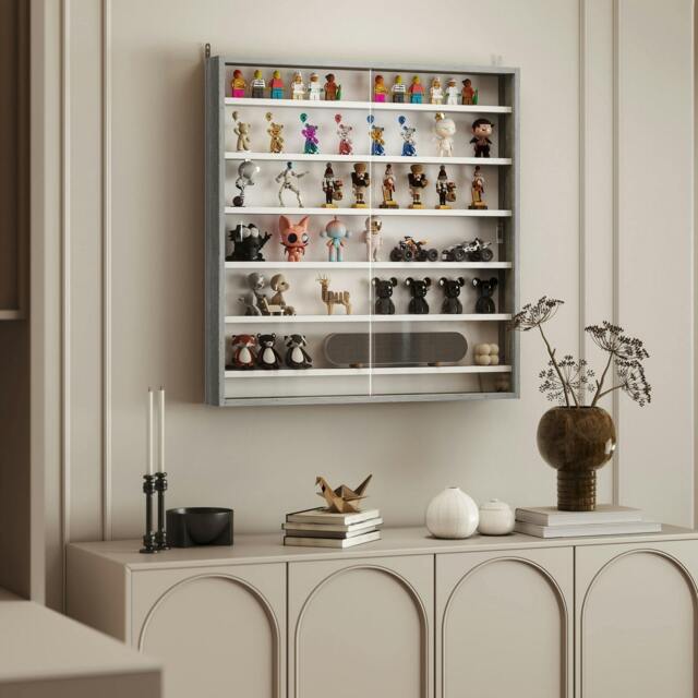 Rackhams 7-Tier Wall Display Cabinet w/ Glass Doors, Graphite Wood Effect - 83H x 80W x 9.5D cm - Display Cabinet - Grey - image 1