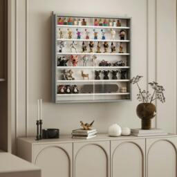 Rackhams 7-Tier Wall Display Cabinet w/ Glass Doors, Graphite Wood Effect - 83H x 80W x 9.5D cm - Display Cabinet - Grey - thumbnail 1
