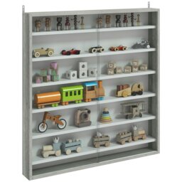 Rackhams 7-Tier Wall Display Cabinet w/ Glass Doors, Graphite Wood Effect - 83H x 80W x 9.5D cm - Display Cabinet - Grey - thumbnail 2