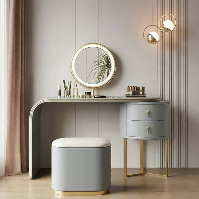 Rackhams Noorali Dressing Table with Mirror, More Colors Available - 100cm - Grey - With Stool - image 1