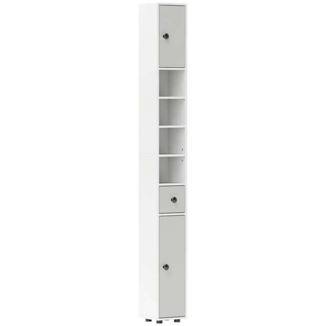 Rackhams 180cm Slim Bathroom Cabinet, with Drawer, Shelves and Cupboards - Light Grey