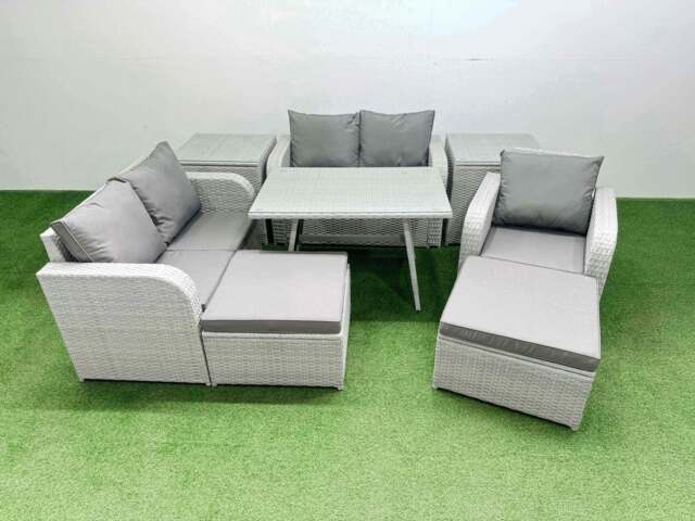 Rackhams 7 Seater Outdoor Rattan Garden Furniture Set Love Sofa Reclining Chair with Rectangular Dining Table 2 Side Tables 2 Big Footstools Light Grey - image 1
