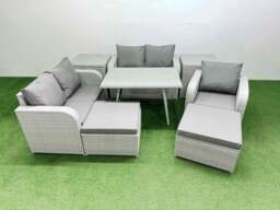 Rackhams 7 Seater Outdoor Rattan Garden Furniture Set Love Sofa Reclining Chair with Rectangular Dining Table 2 Side Tables 2 Big Footstools Light Grey - thumbnail 1