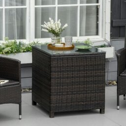 Rackhams Side Table Furniture Tempered Glass Garden Patio Wicker Brown - 64cm x 64cm x 68cm - Mixed Brown - Rattan,Metal - thumbnail 1