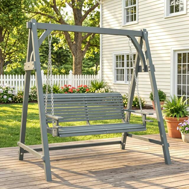 Rackhams 2 Seater Wooden Garden Swing Seat Hammock Bench Lounger, Natural - image 1