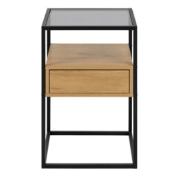 Rackhams Randolf Square Bedside Table with 1 Drawer in Black and Oak - 1 - Black - Manufactured wood,Powder coated Steel,Glass - thumbnail 2